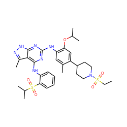 CCS(=O)(=O)N1CCC(c2cc(OC(C)C)c(Nc3nc(Nc4ccccc4S(=O)(=O)C(C)C)c4c(C)n[nH]c4n3)cc2C)CC1 ZINC000096177938