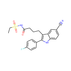 CCS(=O)(=O)NC(=O)CCCc1c(-c2ccc(F)cc2)[nH]c2ccc(C#N)cc12 ZINC000029041411