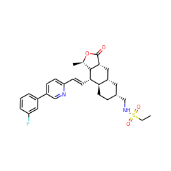 CCS(=O)(=O)NC[C@@H]1CC[C@@H]2[C@@H](C1)C[C@H]1C(=O)O[C@H](C)[C@H]1[C@H]2/C=C/c1ccc(-c2cccc(F)c2)cn1 ZINC000103244821