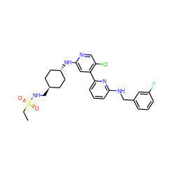 CCS(=O)(=O)NC[C@H]1CC[C@H](Nc2cc(-c3cccc(NCc4cccc(F)c4)n3)c(Cl)cn2)CC1 ZINC000261074007