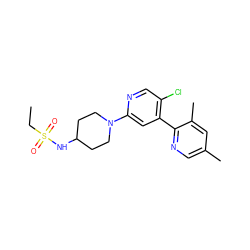 CCS(=O)(=O)NC1CCN(c2cc(-c3ncc(C)cc3C)c(Cl)cn2)CC1 ZINC000146850022