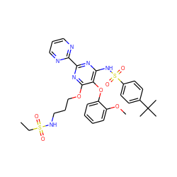 CCS(=O)(=O)NCCCOc1nc(-c2ncccn2)nc(NS(=O)(=O)c2ccc(C(C)(C)C)cc2)c1Oc1ccccc1OC ZINC000028017255