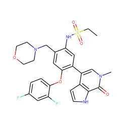 CCS(=O)(=O)Nc1cc(-c2cn(C)c(=O)c3[nH]ccc23)c(Oc2ccc(F)cc2F)cc1CN1CCOCC1 ZINC001772586626