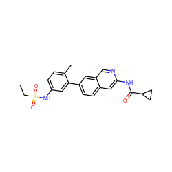 CCS(=O)(=O)Nc1ccc(C)c(-c2ccc3cc(NC(=O)C4CC4)ncc3c2)c1 ZINC000169700052