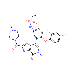 CCS(=O)(=O)Nc1ccc(Oc2ccc(F)cc2F)c(-c2cn(C)c(=O)c3[nH]c(C(=O)N4CCN(C)CC4)cc23)c1 ZINC000146766239