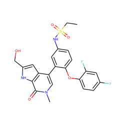 CCS(=O)(=O)Nc1ccc(Oc2ccc(F)cc2F)c(-c2cn(C)c(=O)c3[nH]c(CO)cc23)c1 ZINC000146759568