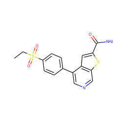 CCS(=O)(=O)c1ccc(-c2cncc3sc(C(N)=O)cc23)cc1 ZINC000063298481