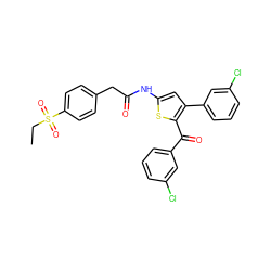 CCS(=O)(=O)c1ccc(CC(=O)Nc2cc(-c3cccc(Cl)c3)c(C(=O)c3cccc(Cl)c3)s2)cc1 ZINC000103232866