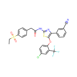 CCS(=O)(=O)c1ccc(CC(=O)Nc2nc(-c3cccc(C#N)c3)c(Oc3ccc(Cl)cc3C(F)(F)F)s2)cc1 ZINC000203336772