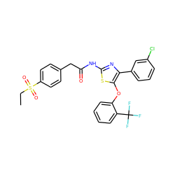 CCS(=O)(=O)c1ccc(CC(=O)Nc2nc(-c3cccc(Cl)c3)c(Oc3ccccc3C(F)(F)F)s2)cc1 ZINC000217752085