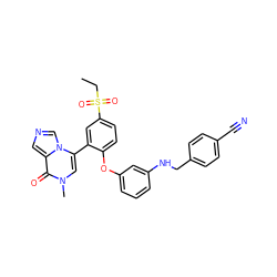 CCS(=O)(=O)c1ccc(Oc2cccc(NCc3ccc(C#N)cc3)c2)c(-c2cn(C)c(=O)c3cncn23)c1 ZINC001772602690