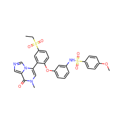 CCS(=O)(=O)c1ccc(Oc2cccc(NS(=O)(=O)c3ccc(OC)cc3)c2)c(-c2cn(C)c(=O)c3cncn23)c1 ZINC001772643420