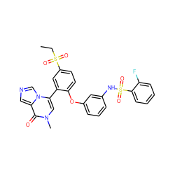 CCS(=O)(=O)c1ccc(Oc2cccc(NS(=O)(=O)c3ccccc3F)c2)c(-c2cn(C)c(=O)c3cncn23)c1 ZINC001772570833