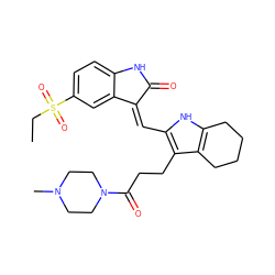 CCS(=O)(=O)c1ccc2c(c1)/C(=C/c1[nH]c3c(c1CCC(=O)N1CCN(C)CC1)CCCC3)C(=O)N2 ZINC000013588484