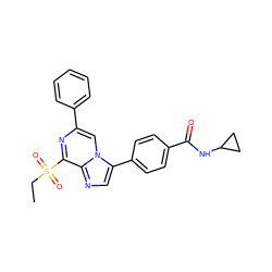 CCS(=O)(=O)c1nc(-c2ccccc2)cn2c(-c3ccc(C(=O)NC4CC4)cc3)cnc12 ZINC000118748545