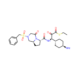 CCSC(=O)C(=O)[C@H](NC(=O)[C@@H]1CC[C@H]2CN(S(=O)(=O)Cc3ccccc3)CC(=O)N21)[C@H]1CC[C@H](N)CC1 ZINC000261159170