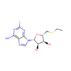 CCSC[C@H]1O[C@@H](n2cnc3c(N)nc(I)nc32)[C@H](O)[C@@H]1O ZINC000013472021