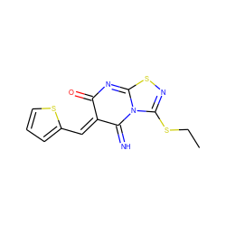 CCSC1=NSC2=NC(=O)/C(=C\c3cccs3)C(=N)N12 ZINC000013121980