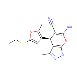 CCSc1cc([C@H]2C(C#N)=C(N)Oc3[nH]nc(C)c32)c(C)o1 ZINC000006492106