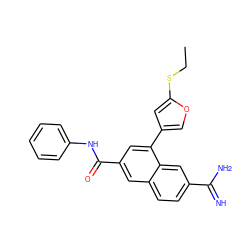 CCSc1cc(-c2cc(C(=O)Nc3ccccc3)cc3ccc(C(=N)N)cc23)co1 ZINC000026834766