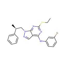 CCSc1nc(Nc2cccc(Br)c2)c2cnn(C[C@H](C)c3ccccc3)c2n1 ZINC000299857862