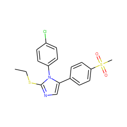 CCSc1ncc(-c2ccc(S(C)(=O)=O)cc2)n1-c1ccc(Cl)cc1 ZINC000028713608