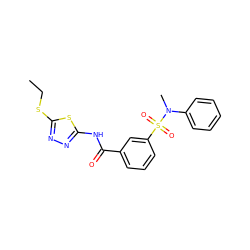 CCSc1nnc(NC(=O)c2cccc(S(=O)(=O)N(C)c3ccccc3)c2)s1 ZINC000008692392