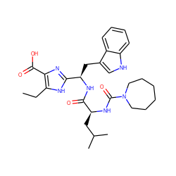 CCc1[nH]c([C@@H](Cc2c[nH]c3ccccc23)NC(=O)[C@H](CC(C)C)NC(=O)N2CCCCCC2)nc1C(=O)O ZINC000028095053