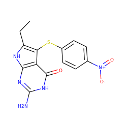 CCc1[nH]c2nc(N)[nH]c(=O)c2c1Sc1ccc([N+](=O)[O-])cc1 ZINC000013680750