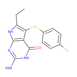 CCc1[nH]c2nc(N)[nH]c(=O)c2c1Sc1ccc(F)cc1 ZINC000013680752