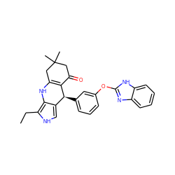 CCc1[nH]cc2c1NC1=C(C(=O)CC(C)(C)C1)[C@H]2c1cccc(Oc2nc3ccccc3[nH]2)c1 ZINC000204758168