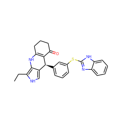 CCc1[nH]cc2c1NC1=C(C(=O)CCC1)[C@H]2c1cccc(Sc2nc3ccccc3[nH]2)c1 ZINC000204758014