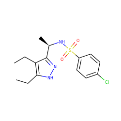 CCc1[nH]nc([C@@H](C)NS(=O)(=O)c2ccc(Cl)cc2)c1CC ZINC000142764626