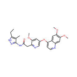 CCc1[nH]nc(NC(=O)Cc2ncc(Oc3ccnc4cc(OC)c(OC)cc34)cc2OC)c1C ZINC000084596736