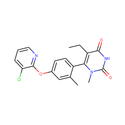 CCc1c(-c2ccc(Oc3ncccc3Cl)cc2C)n(C)c(=O)[nH]c1=O ZINC000220966006