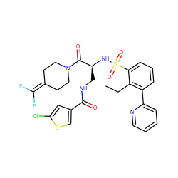 CCc1c(-c2ccccn2)cccc1S(=O)(=O)N[C@@H](CNC(=O)c1csc(Cl)c1)C(=O)N1CCC(=C(F)F)CC1 ZINC000103240223