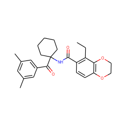 CCc1c(C(=O)NC2(C(=O)c3cc(C)cc(C)c3)CCCCC2)ccc2c1OCCO2 ZINC000013490034