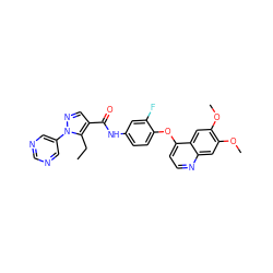 CCc1c(C(=O)Nc2ccc(Oc3ccnc4cc(OC)c(OC)cc34)c(F)c2)cnn1-c1cncnc1 ZINC000221479970