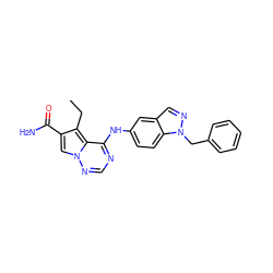 CCc1c(C(N)=O)cn2ncnc(Nc3ccc4c(cnn4Cc4ccccc4)c3)c12 ZINC000014954065