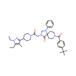 CCc1c(C)c(C2CCN(C(=O)CN3CN(c4ccccc4)C4(CCN(C(=O)c5ccc(C(C)(C)C)cc5)CC4)C3=O)CC2)nn1CC ZINC000072115321