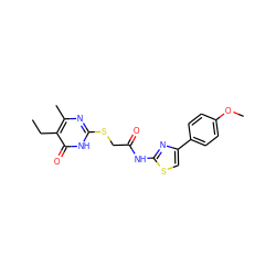 CCc1c(C)nc(SCC(=O)Nc2nc(-c3ccc(OC)cc3)cs2)[nH]c1=O ZINC000005021635