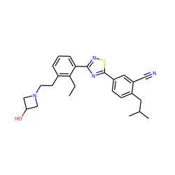 CCc1c(CCN2CC(O)C2)cccc1-c1nsc(-c2ccc(CC(C)C)c(C#N)c2)n1 ZINC000084689389