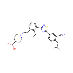 CCc1c(CCN2CCC(C(=O)O)CC2)cccc1-c1nsc(-c2ccc(CC(C)C)c(C#N)c2)n1 ZINC000084688805