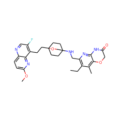 CCc1c(CNC23CCC(CCc4c(F)cnc5ccc(OC)nc45)(CC2)OC3)nc2c(c1C)OCC(=O)N2 ZINC000205819017