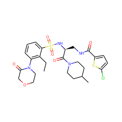 CCc1c(N2CCOCC2=O)cccc1S(=O)(=O)N[C@@H](CNC(=O)c1ccc(Cl)s1)C(=O)N1CCC(C)CC1 ZINC000103240185