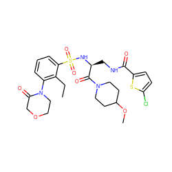 CCc1c(N2CCOCC2=O)cccc1S(=O)(=O)N[C@@H](CNC(=O)c1ccc(Cl)s1)C(=O)N1CCC(OC)CC1 ZINC000103240194