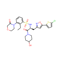 CCc1c(N2CCOCC2=O)cccc1S(=O)(=O)N[C@@H](Cc1cc(-c2ccc(Cl)s2)on1)C(=O)N1CCC(O)CC1 ZINC000103240174