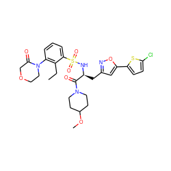 CCc1c(N2CCOCC2=O)cccc1S(=O)(=O)N[C@@H](Cc1cc(-c2ccc(Cl)s2)on1)C(=O)N1CCC(OC)CC1 ZINC000098209542