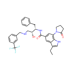 CCc1c[nH]c2c(N3CCCC3=O)cc(C(=O)N[C@@H](Cc3ccccc3)[C@H](O)CNCc3cccc(C(F)(F)F)c3)cc12 ZINC000044306788