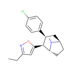 CCc1cc([C@H]2[C@@H](c3ccc(Cl)cc3)C[C@H]3CC[C@H]2N3C)on1 ZINC000100862612